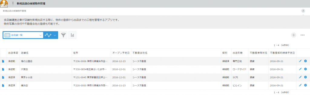 「出店承認済」や地域等で絞込みを行えます。
