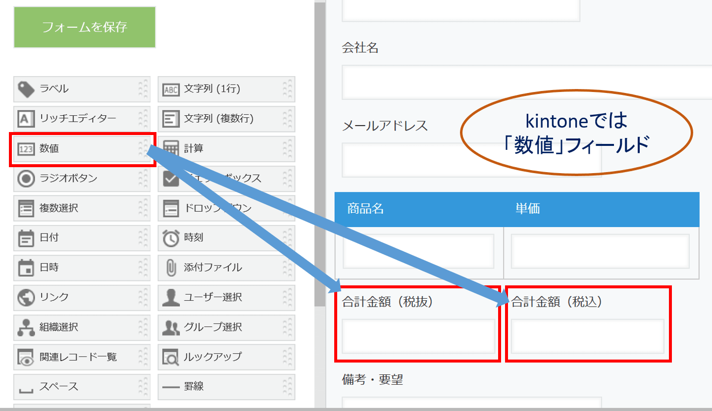 kintoneアプリ 数値フィールド用意