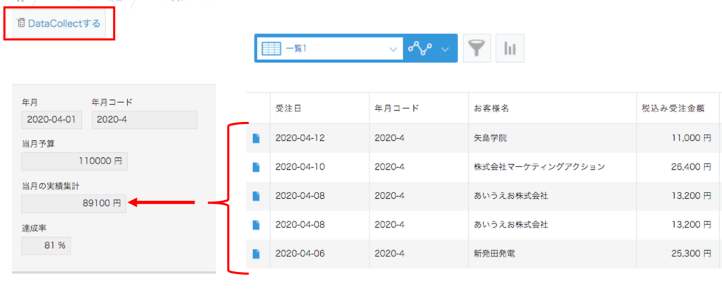 kintoneとDataCollectを連携した時のkintone画面
