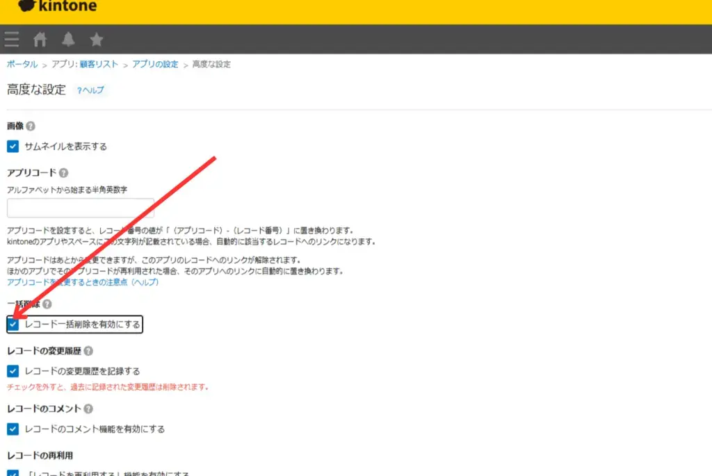 「レコード一括削除を有効にする」にチェックを入れる