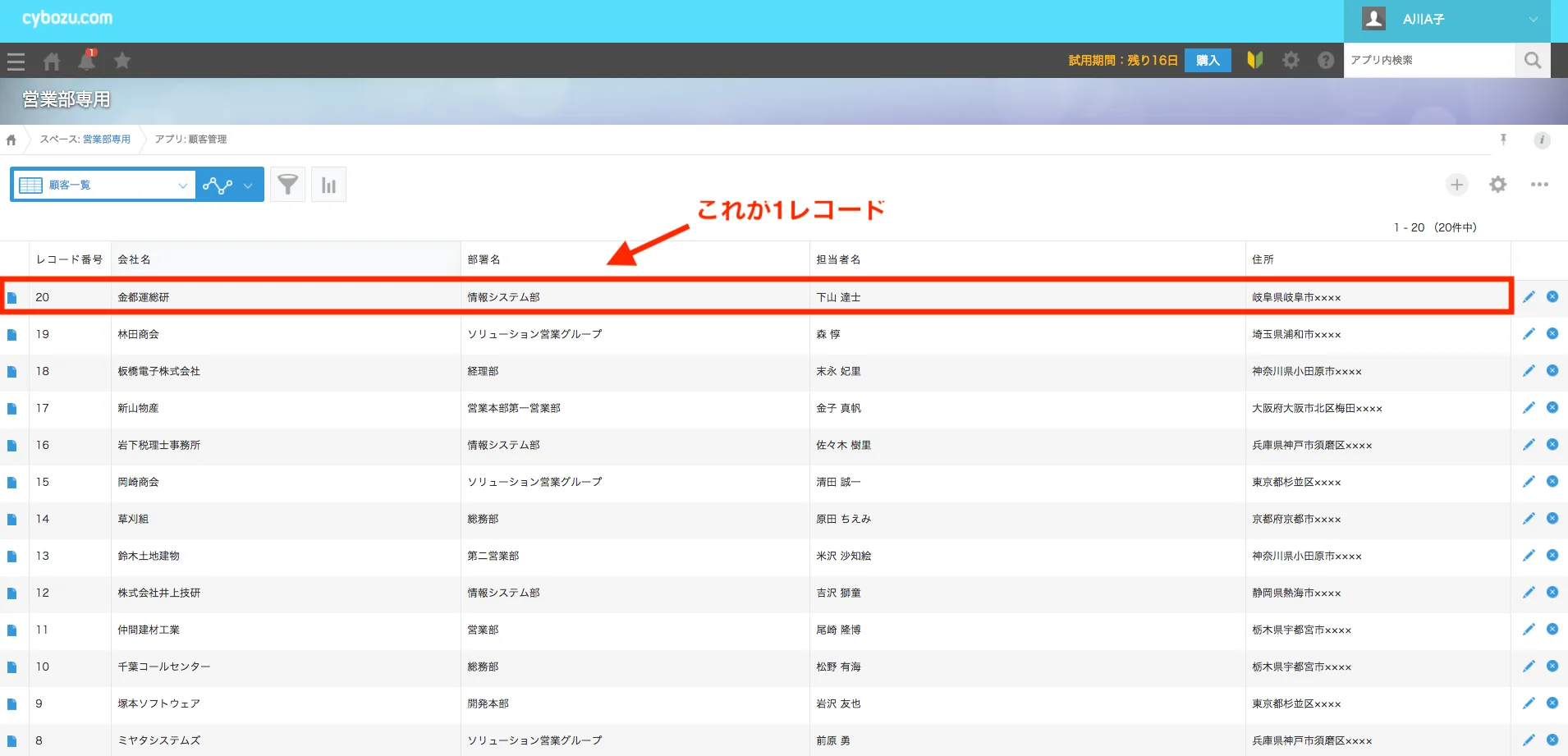 レコード管理画面イメージ